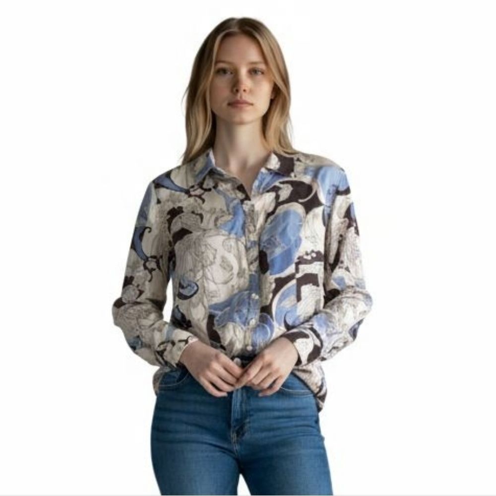 Ann Taylor 100% Silk Floral Blouse - Blue and Brown Size 10